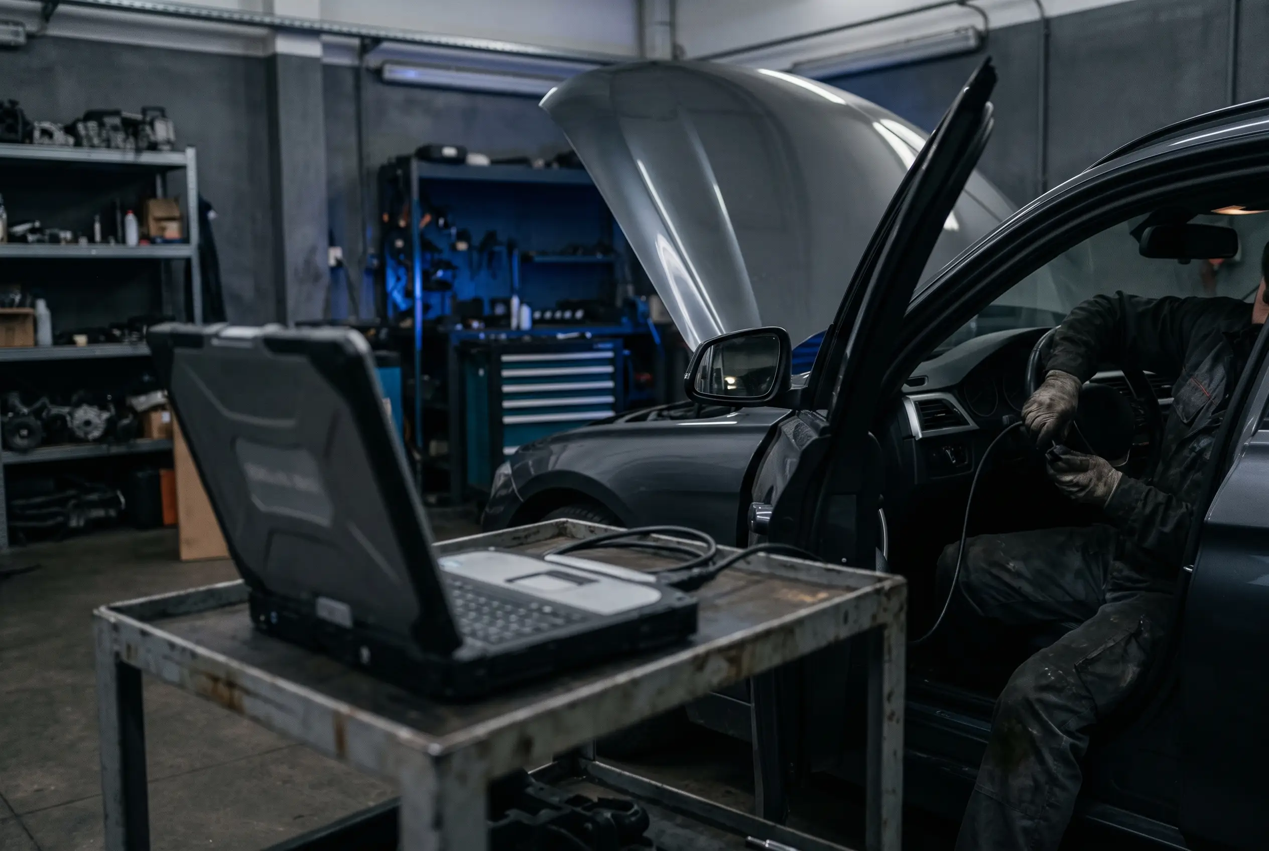 Diagnoselaptop aangesloten op een auto voor het uitlezen van storingscodes