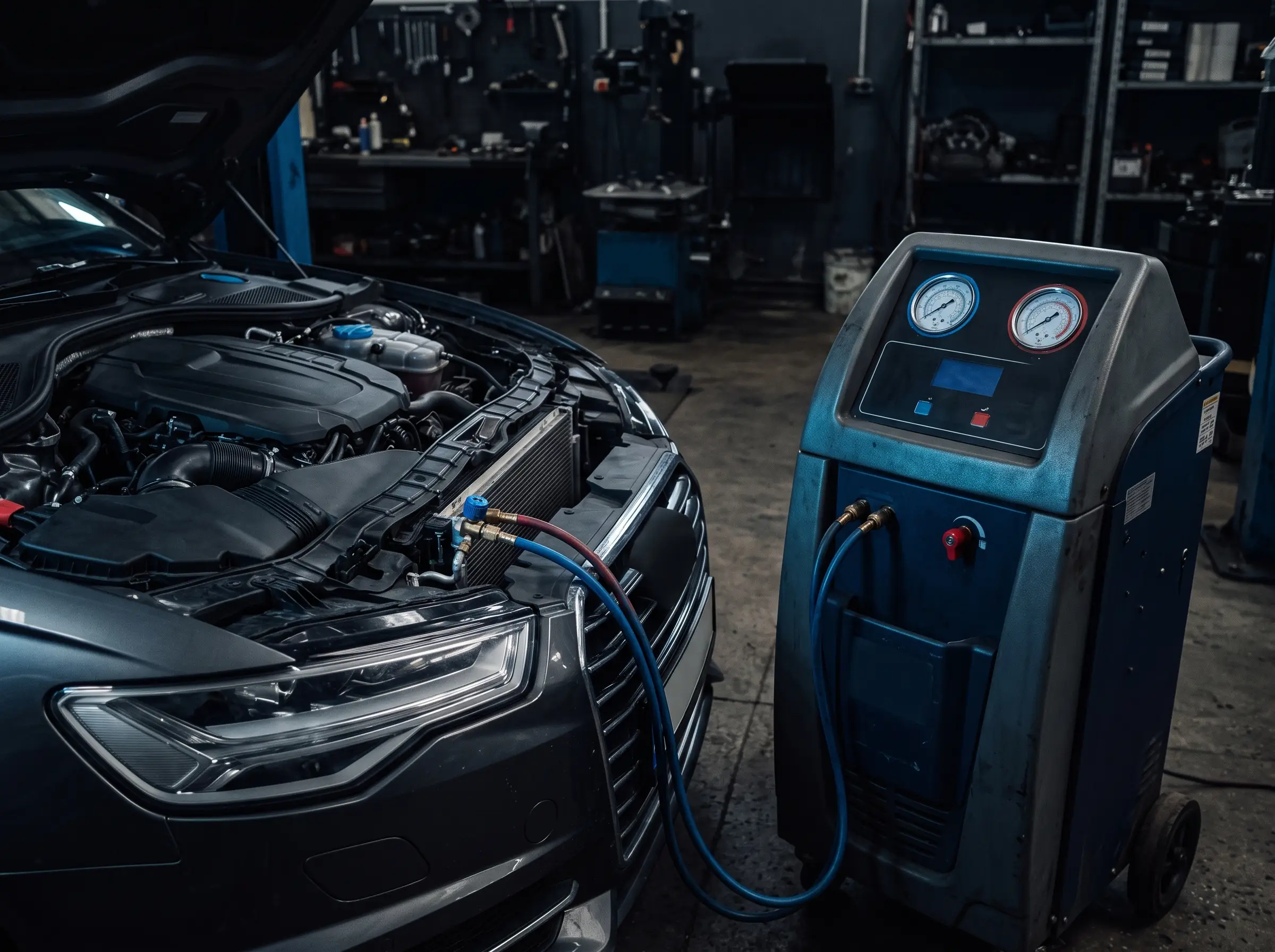 Airco-servicestation met slangen aangesloten op een auto in een werkplaats